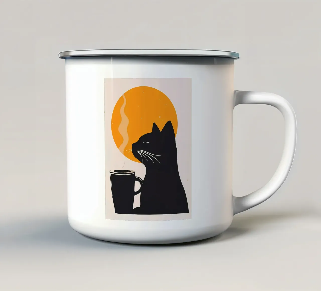 Zwarte kat met koffiebekerillustratie emaille mok van Locquinn Fuller