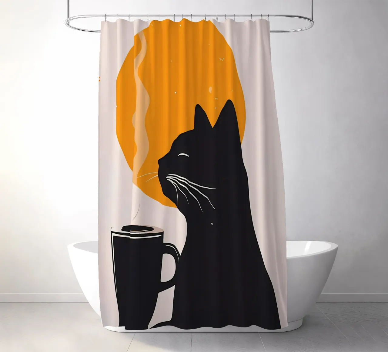 Gatto nero con tazza di caffè tenda da doccia da Locquinn Fuller