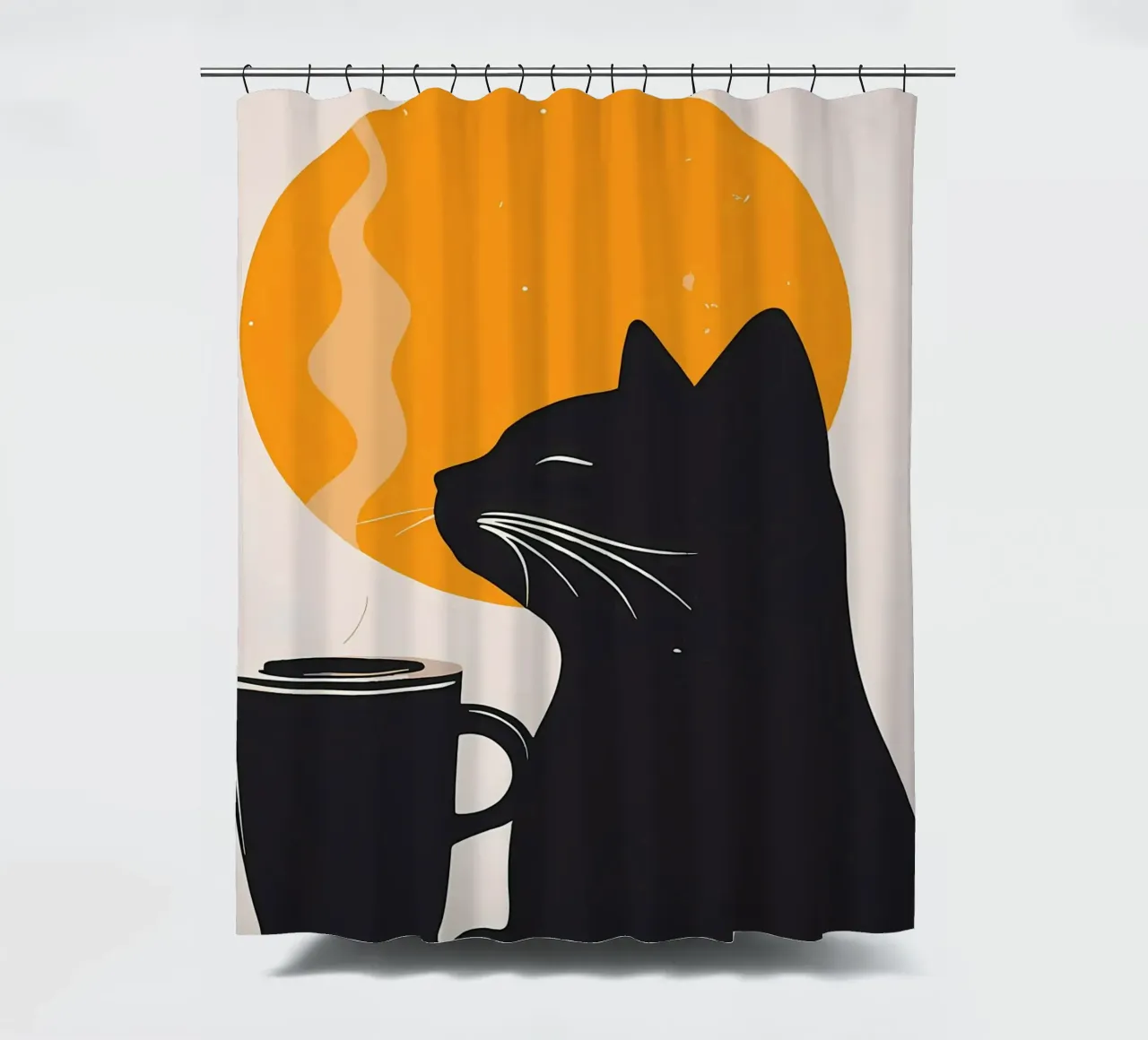 Gatto nero con tazza di caffè tenda da doccia da Locquinn Fuller