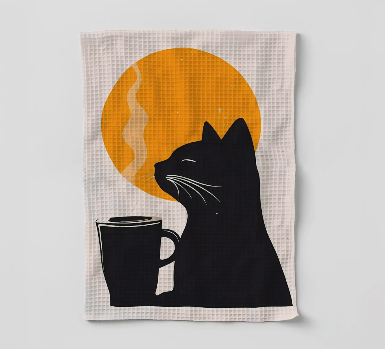 Gatto nero con tazza di caffè canovaccio da cucina da Locquinn Fuller