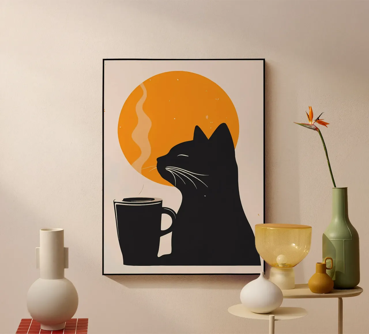 Gatto nero con tazza di caffè plexiglass da Locquinn Fuller