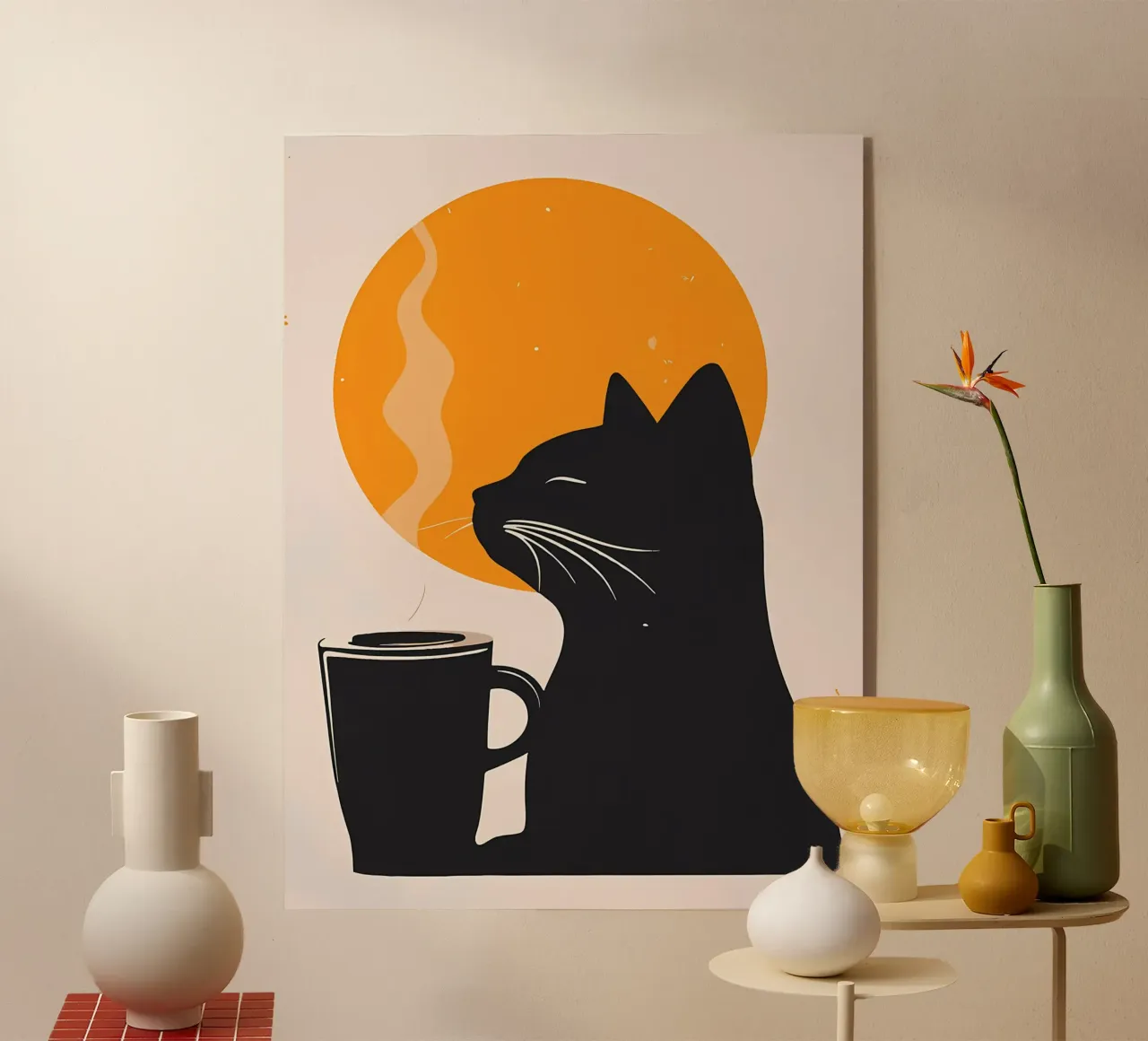 Gatto nero con tazza di caffè plexiglass da Locquinn Fuller