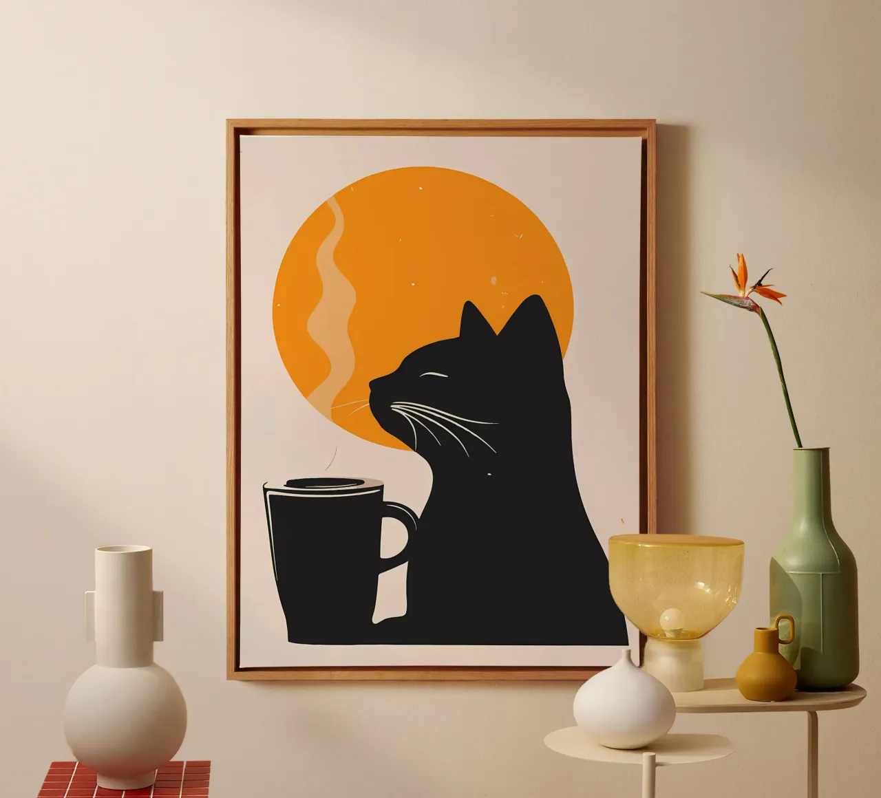 Gatto nero con tazza di caffè tela da Locquinn Fuller