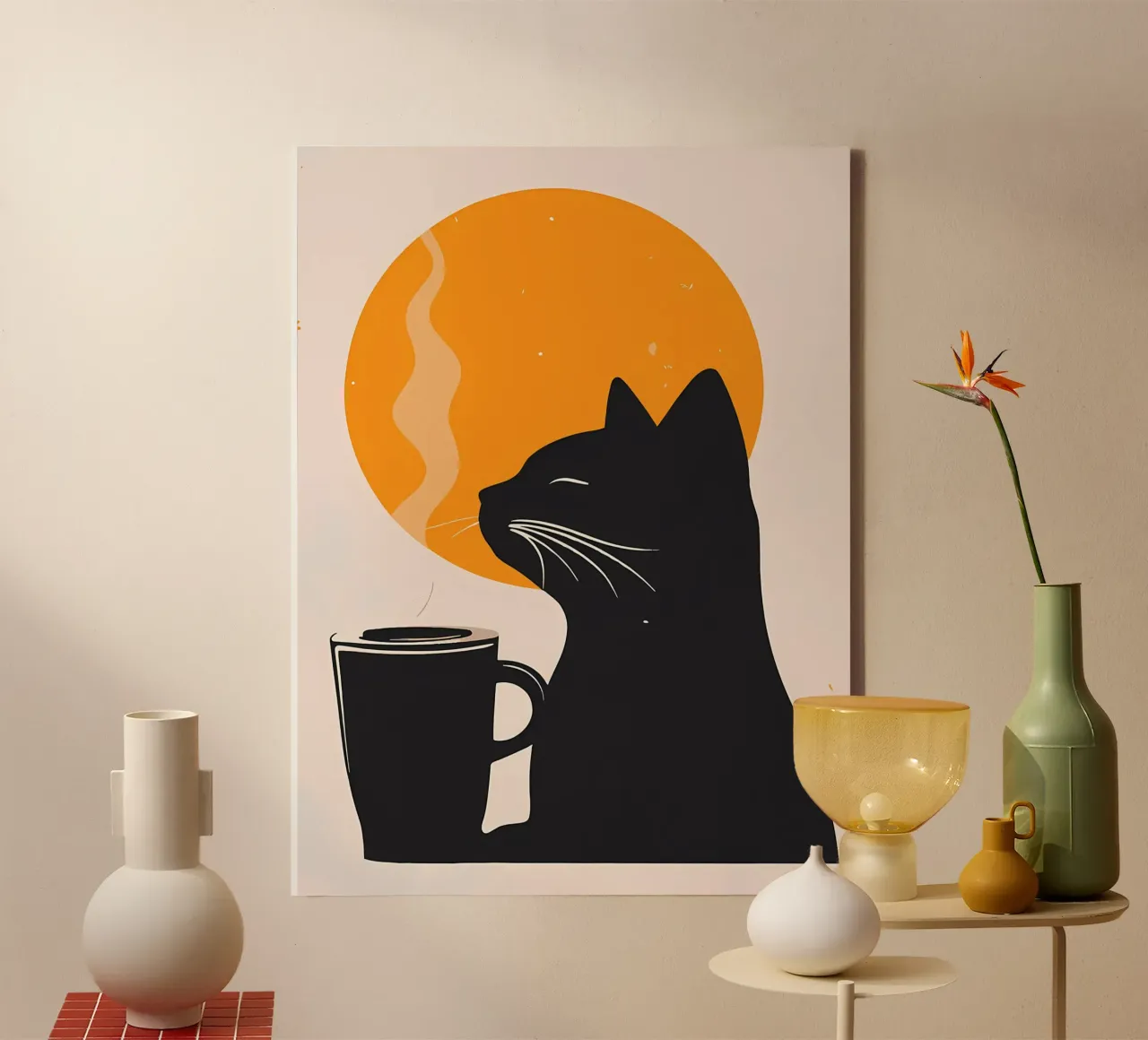 Gatto nero con tazza di caffè tela da Locquinn Fuller