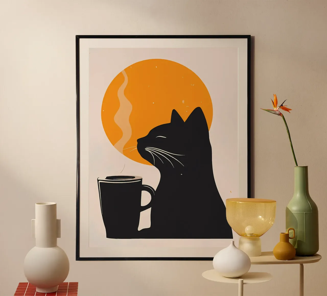 Gatto nero con tazza di caffè poster da Locquinn Fuller