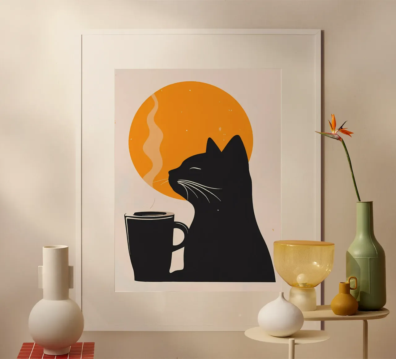 Gatto nero con tazza di caffè poster da Locquinn Fuller