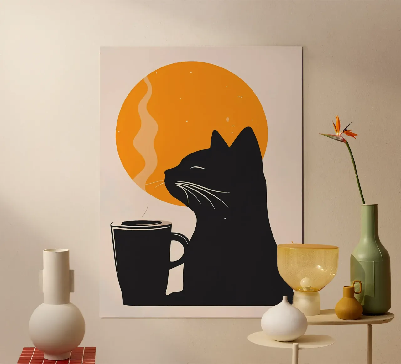 Gatto nero con tazza di caffè poster da Locquinn Fuller