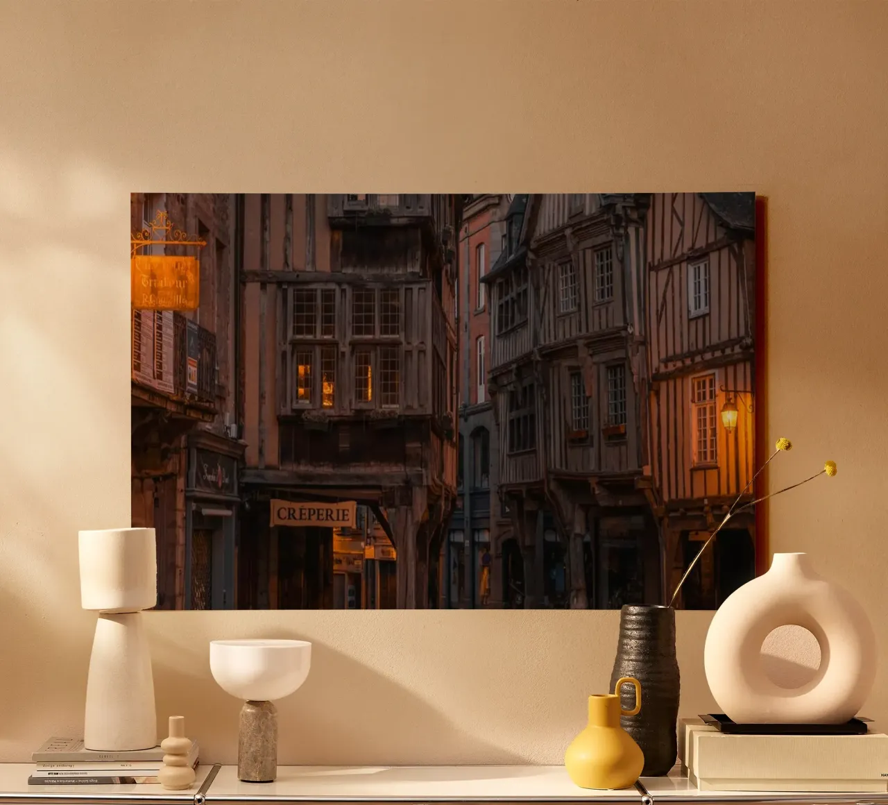Middeleeuwse stad Dinan bij nacht, Frankrijk canvas met Baklijst van Marcel Bisig