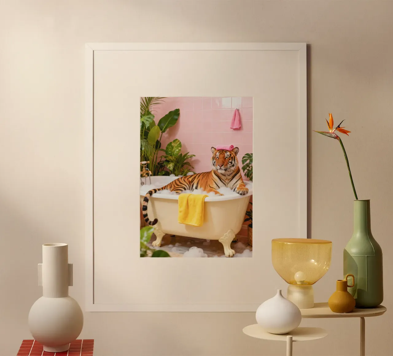 Regal Tiger Botanical in Bathtub Art poster with aluminum frame by Attaboy Dsgn