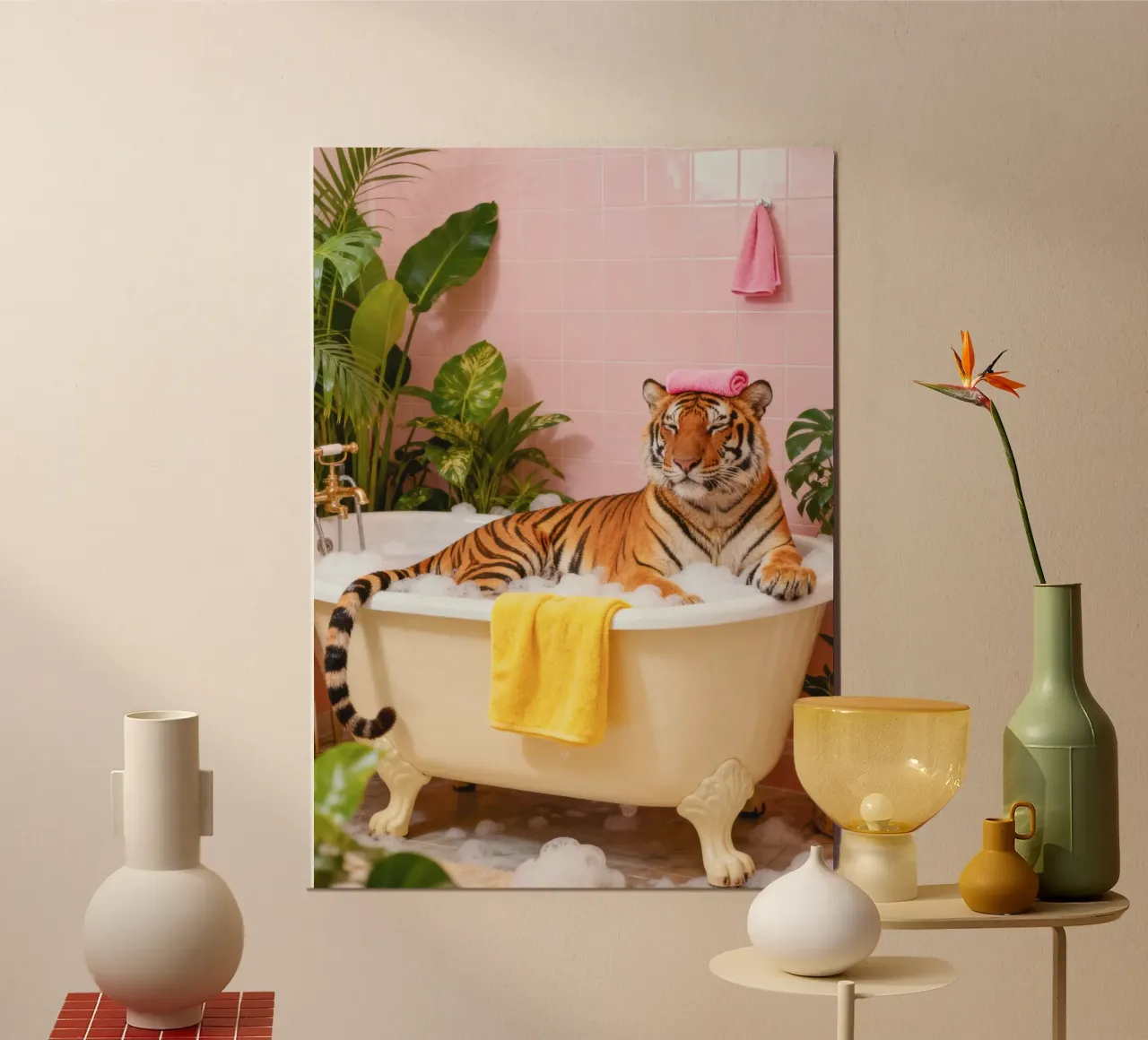 Regal Tiger Botanical in Bathtub Art poster with aluminum frame by Attaboy Dsgn