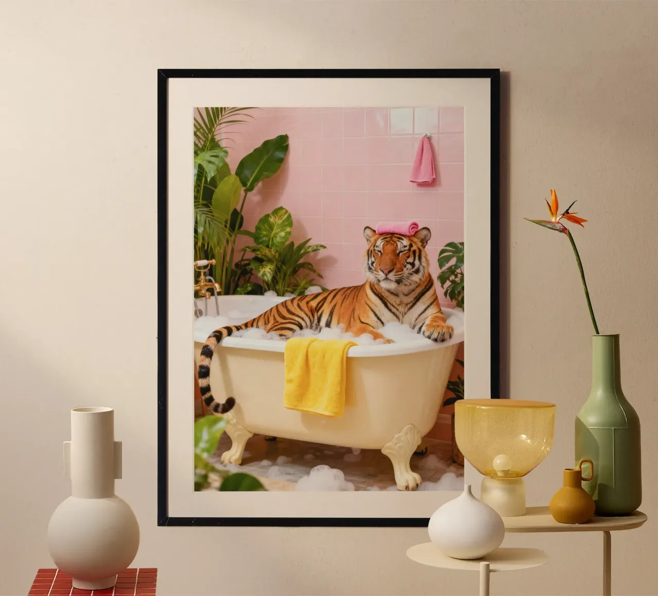 Regal Tiger Botanical in Bathtub Art poster with aluminum frame by Attaboy Dsgn