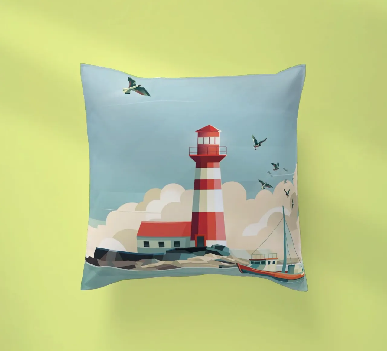 Lighthouse and fishing boat decorative cushion by ThorBrush