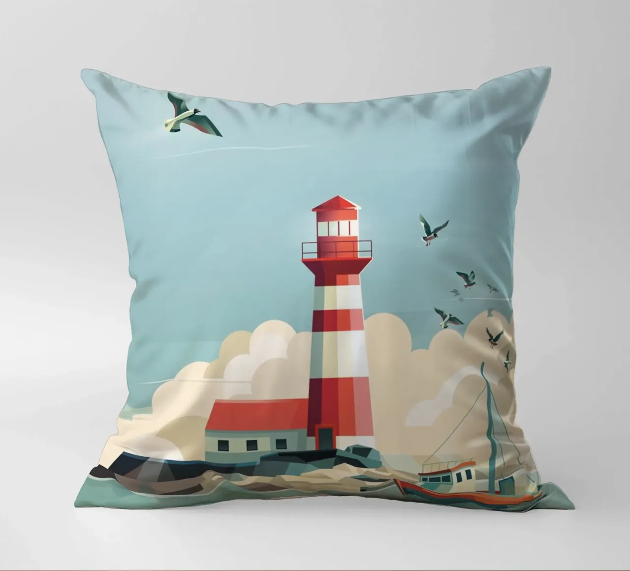 Lighthouse and fishing boat decorative cushion by ThorBrush