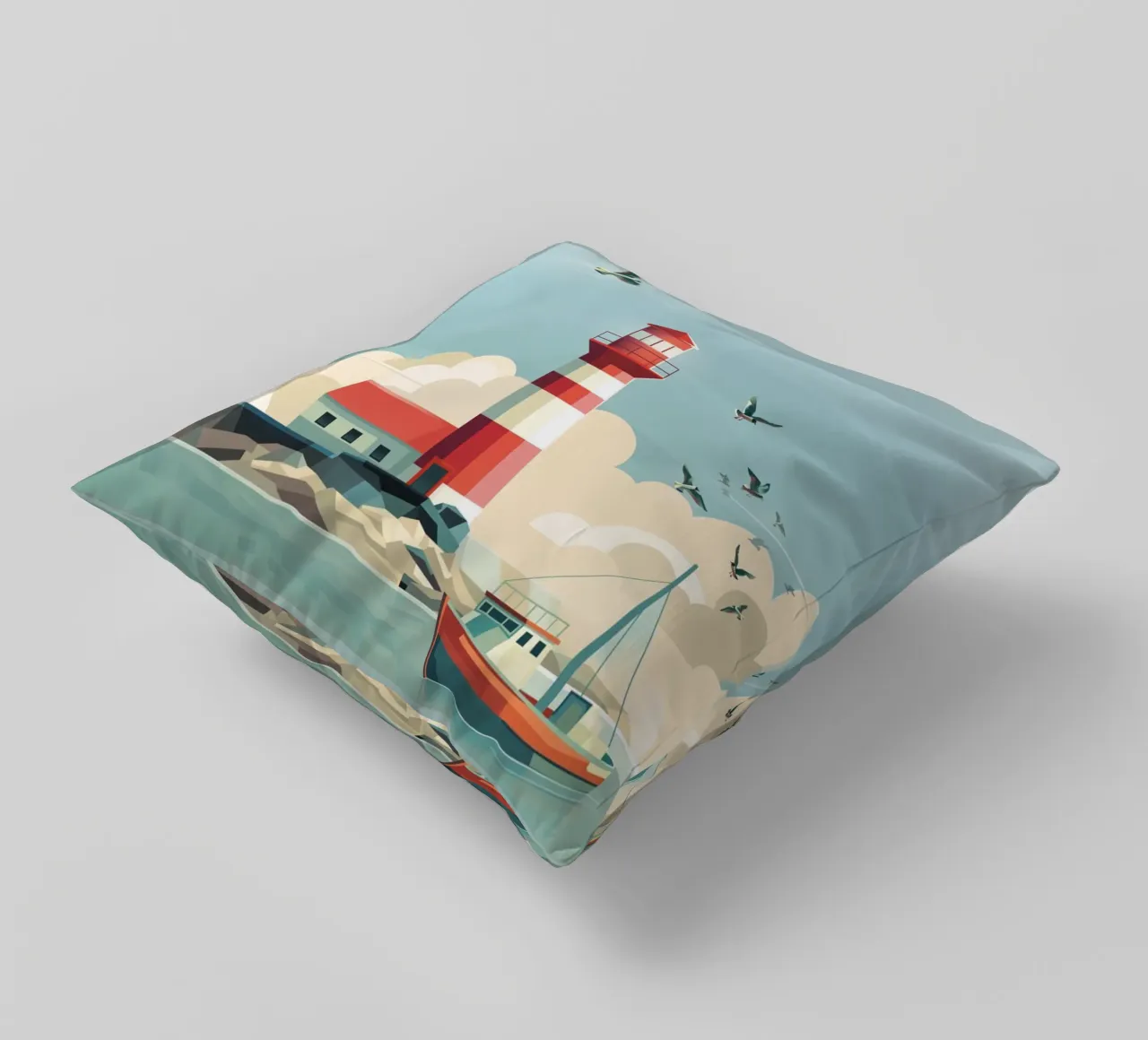 Lighthouse and fishing boat decorative cushion by ThorBrush