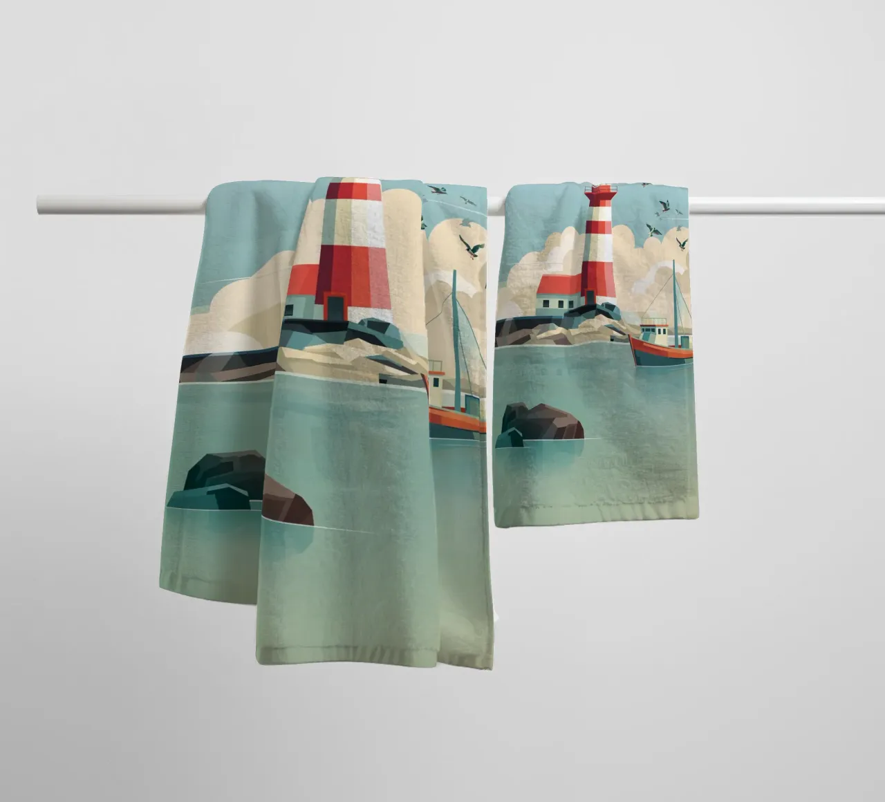 Leuchtturm und Fischerboot Handtuch von ThorBrush