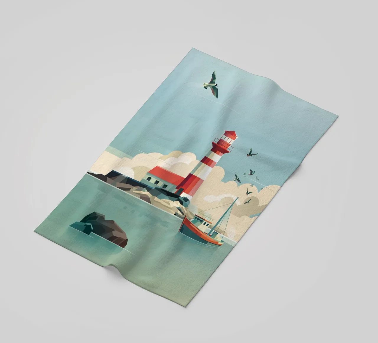 Lighthouse and fishing boat beach towel by ThorBrush