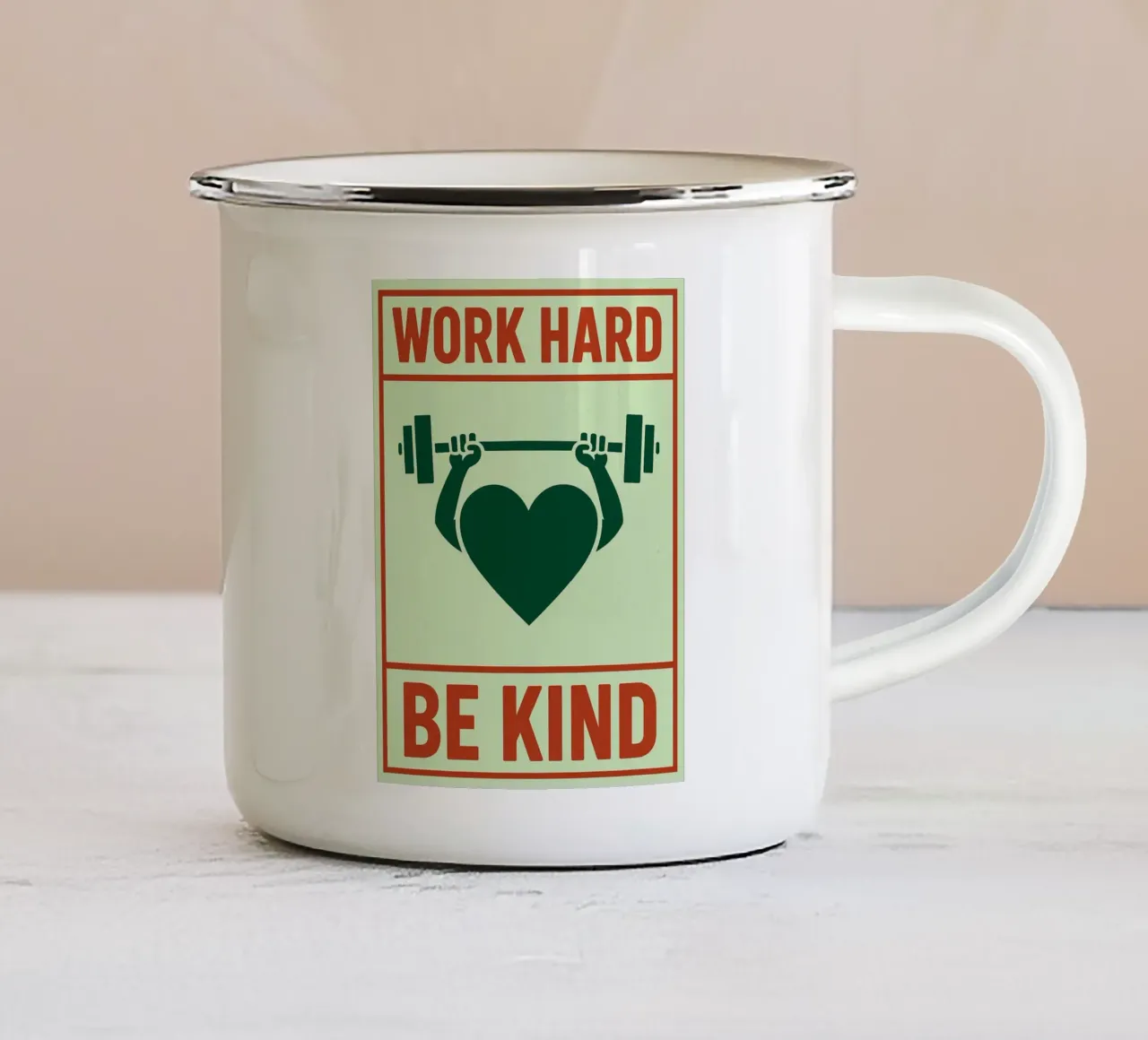 werk hard wees aardig emaille mok van Toolee
