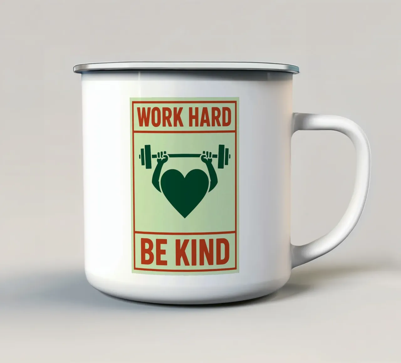 werk hard wees aardig emaille mok van Toolee