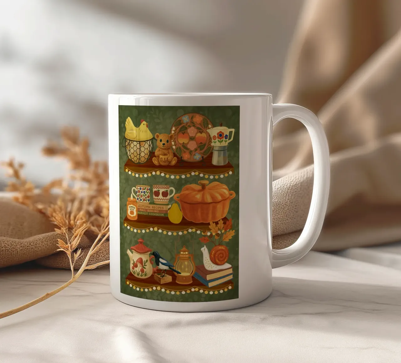 Storia di scaffali d'autunno tazza in ceramica da Taika Tori Art