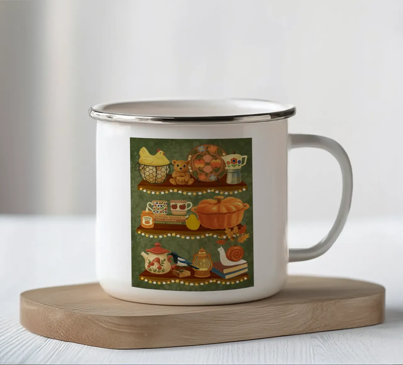 Storia di scaffali d'autunno tazza in smalto da Taika Tori Art