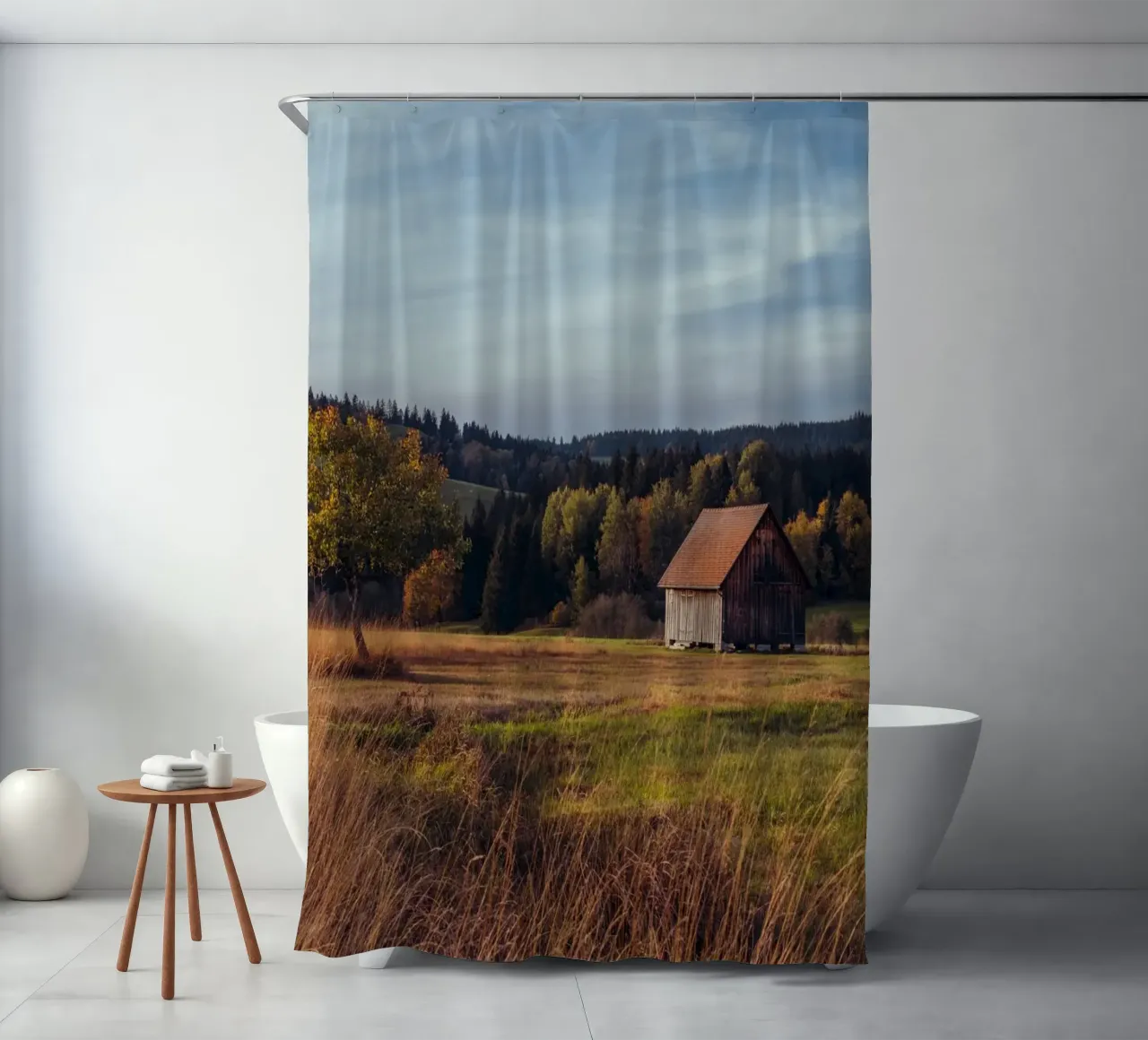 Herbstscheune in der Schweiz Duschvorhang von mbgraphx2