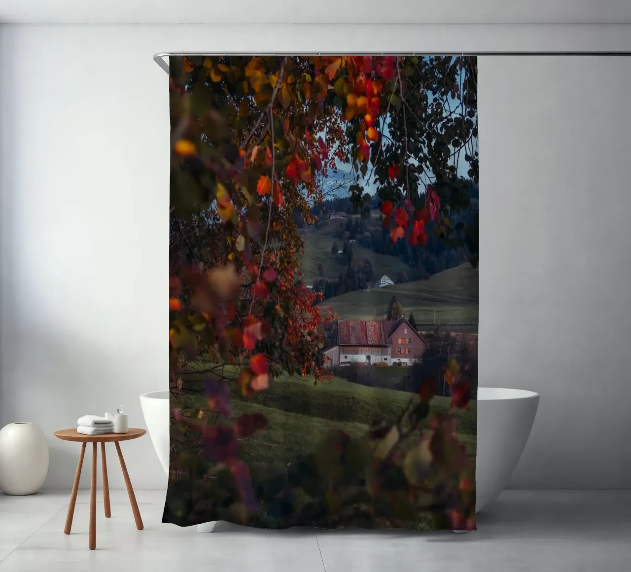 Herbstscheune in der Schweiz Duschvorhang von mbgraphx2