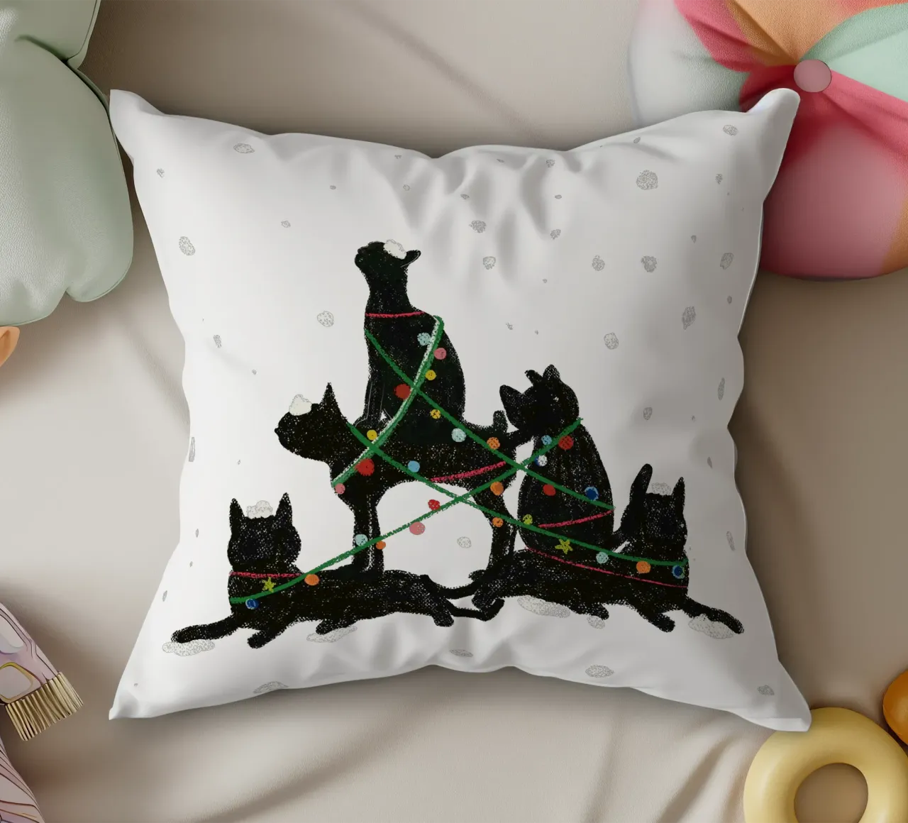 Gatto nero con lampadine di Natale cuscino da GalerieGG