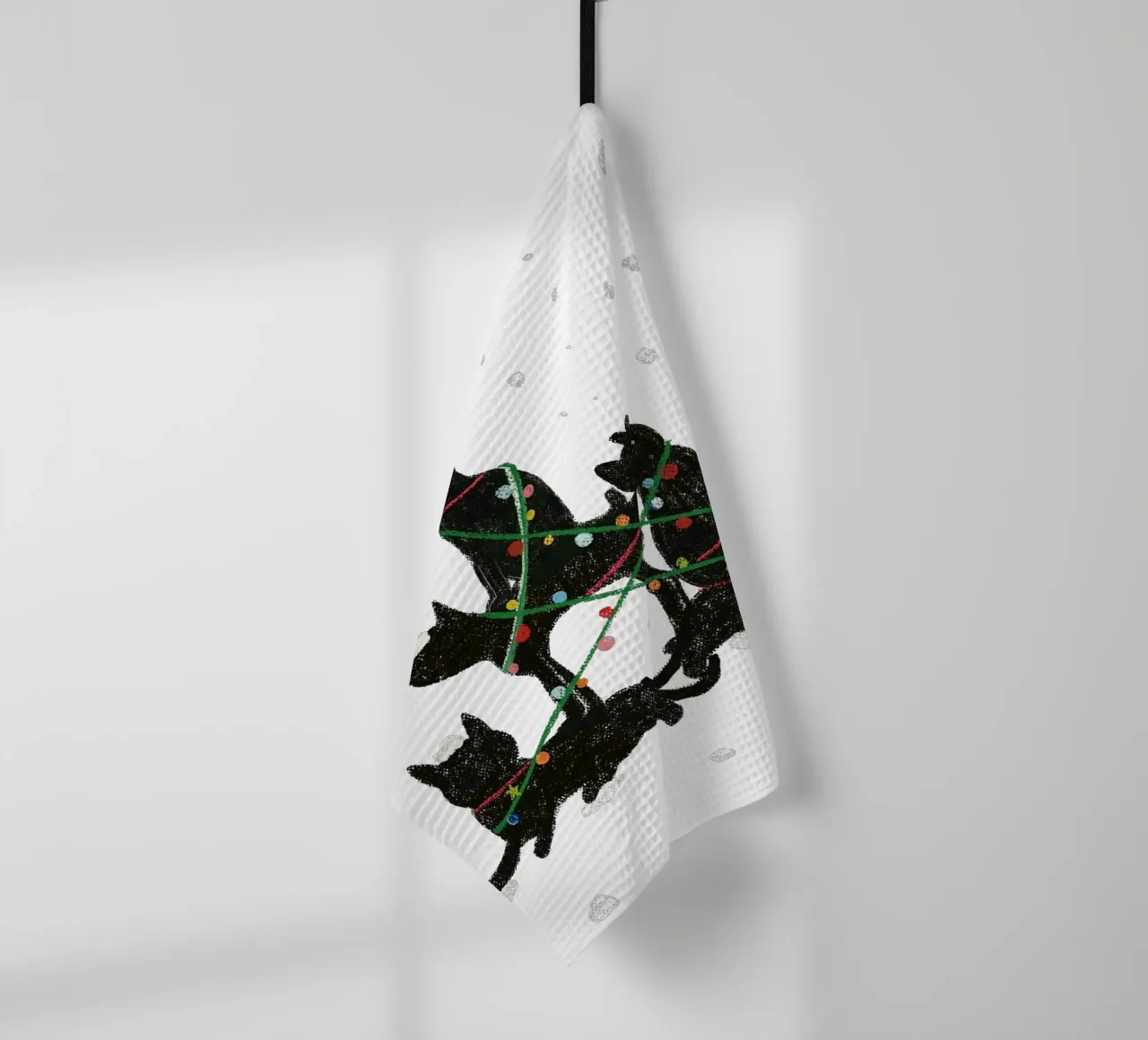 Gatto nero con lampadine di Natale canovaccio da cucina da GalerieGG