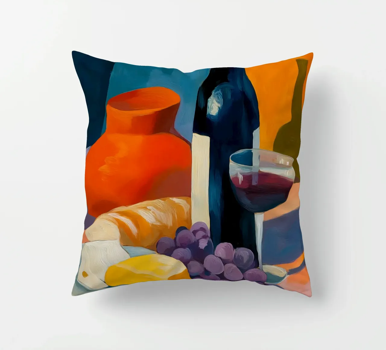 Le cose semplici | Natura morta di vino, formaggio e pane cuscino da Autofocus