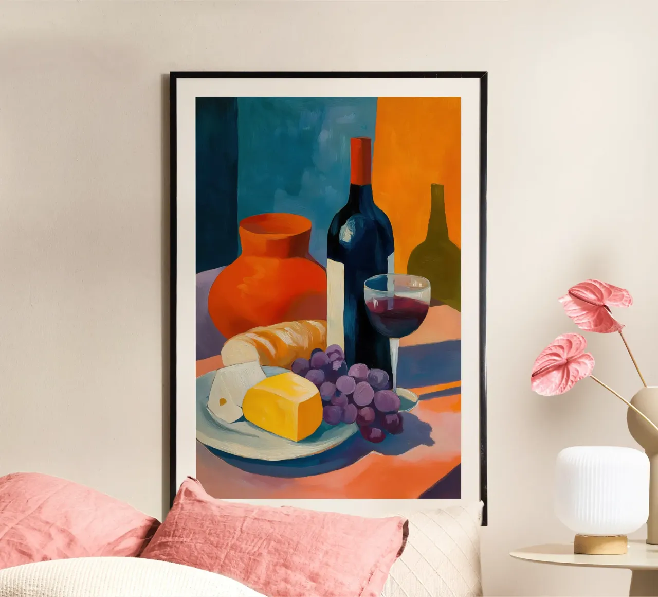 Le cose semplici | Natura morta di vino, formaggio e pane carta hahnemühle da Autofocus