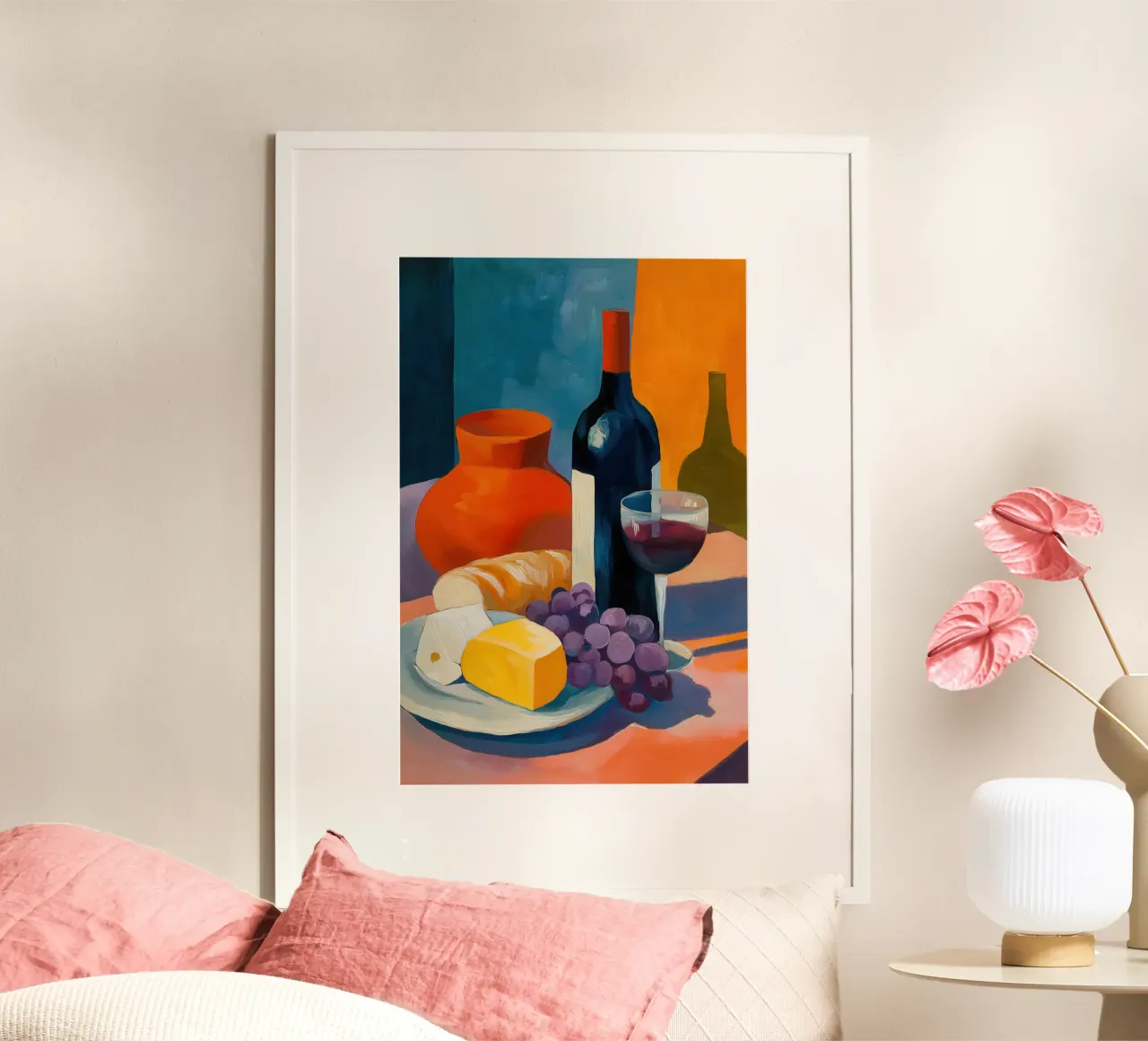 Le cose semplici | Natura morta di vino, formaggio e pane carta hahnemühle da Autofocus