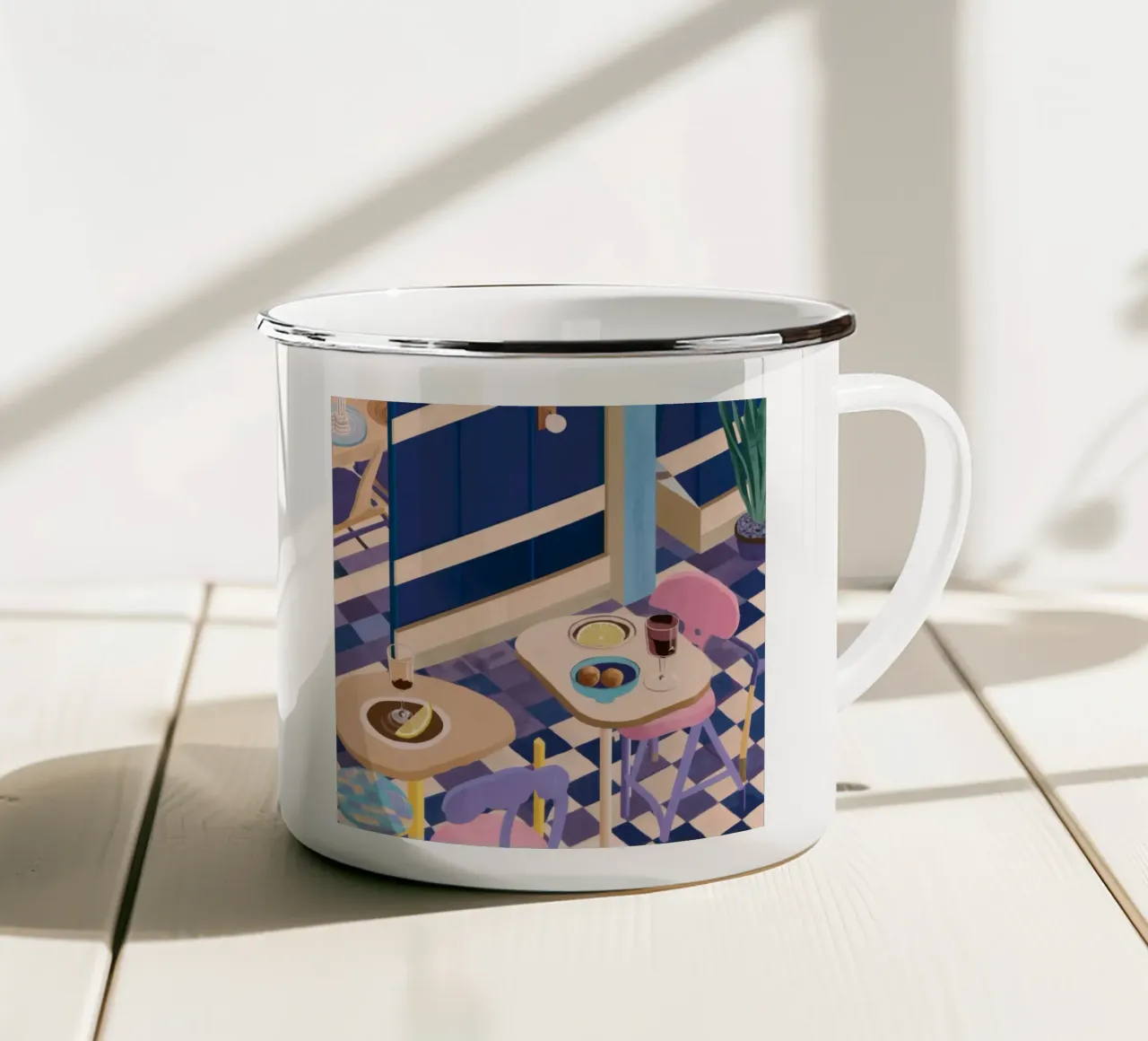 Appuntamento con il caffè sul balcone tazza in smalto da Sun Riser
