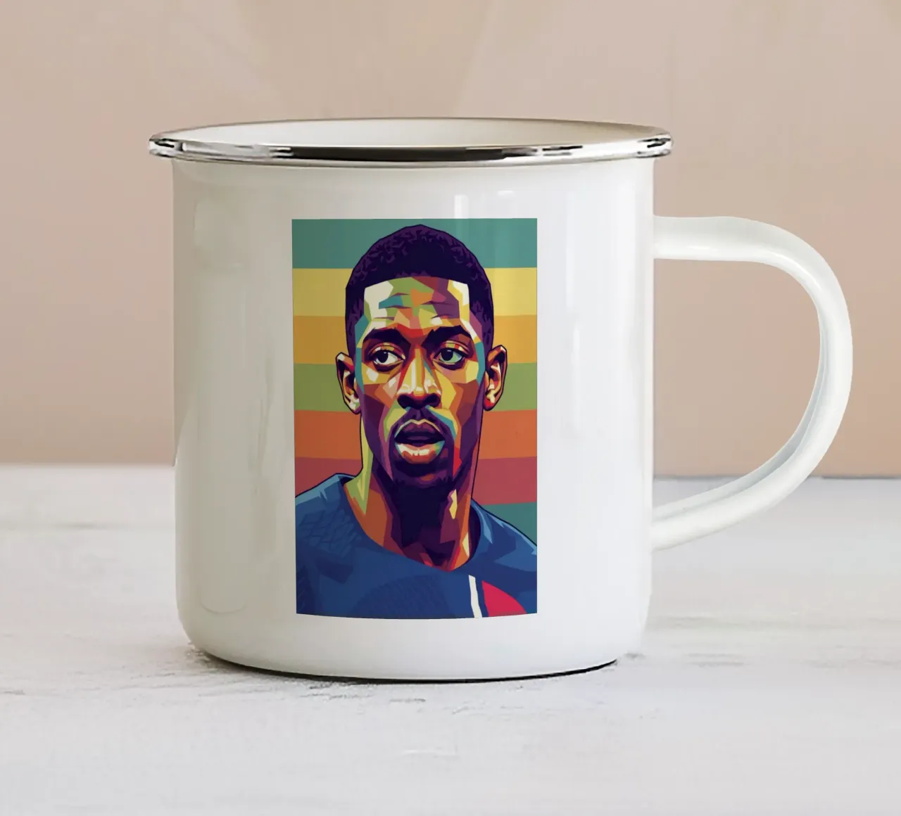 Ritratto pop art di Ousmane Dembele tazza in smalto da Hantamrata