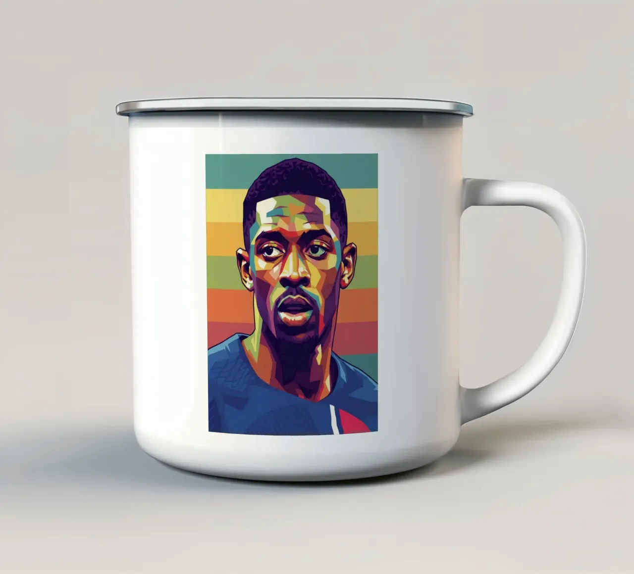 Ritratto pop art di Ousmane Dembele tazza in smalto da Hantamrata