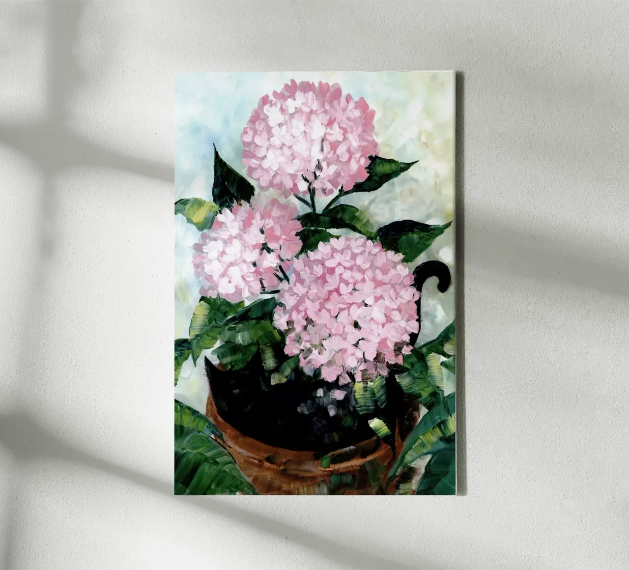Potted pink hydrangeas tela con Cornice a cassetta da blursbyai