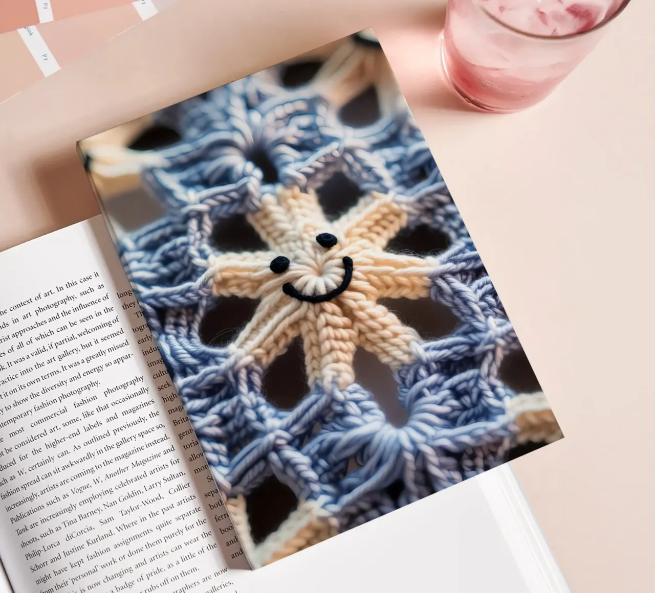 Crocheted Star with Smiling Face and Blue Pattern notebook by DesignDoodle