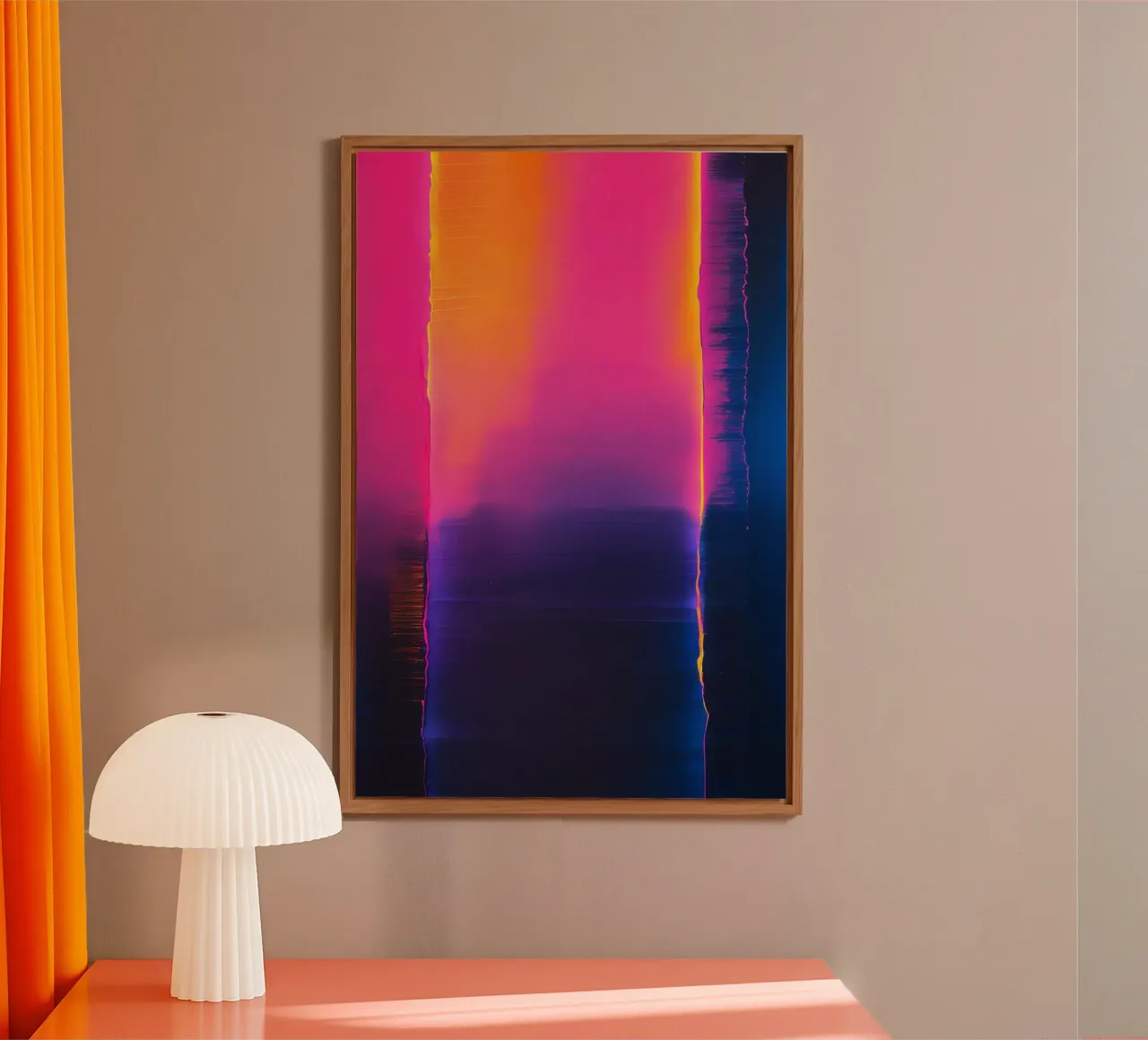 Astratto digitale glitch con tonalità rosa, arancione e viola alluminio dibond da DesignDoodle