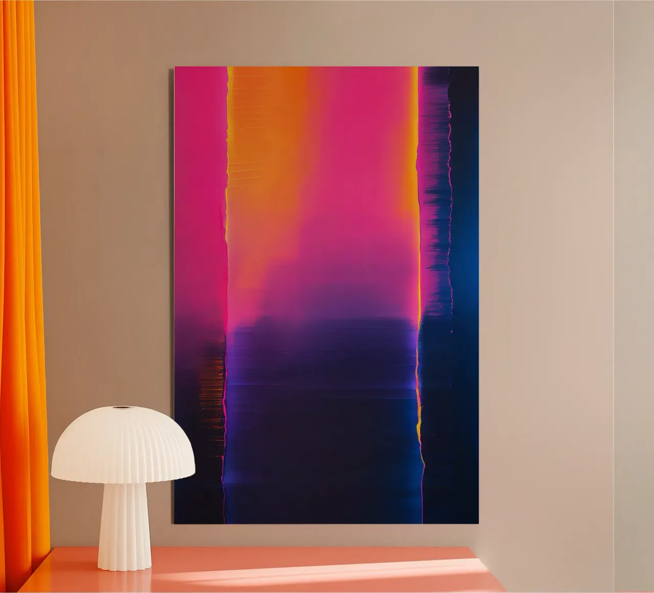 Astratto digitale glitch con tonalità rosa, arancione e viola alluminio dibond da DesignDoodle