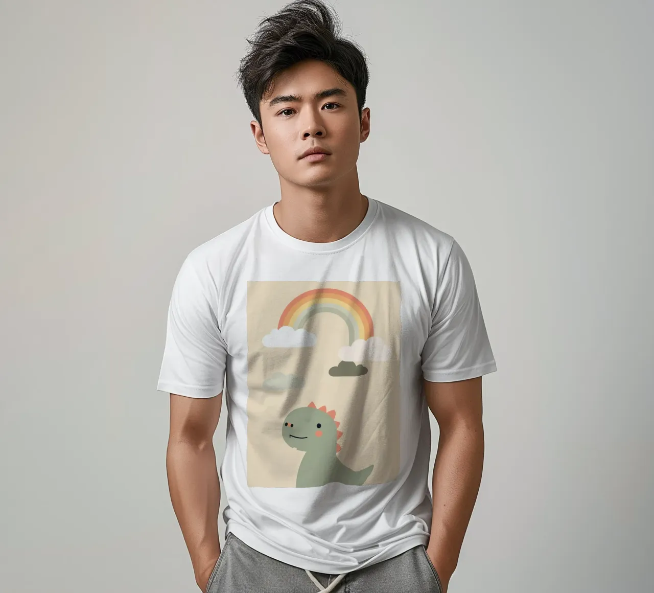 Illustrazione di un simpatico dinosauro e di un arcobaleno t-shirt da DesignDoodle