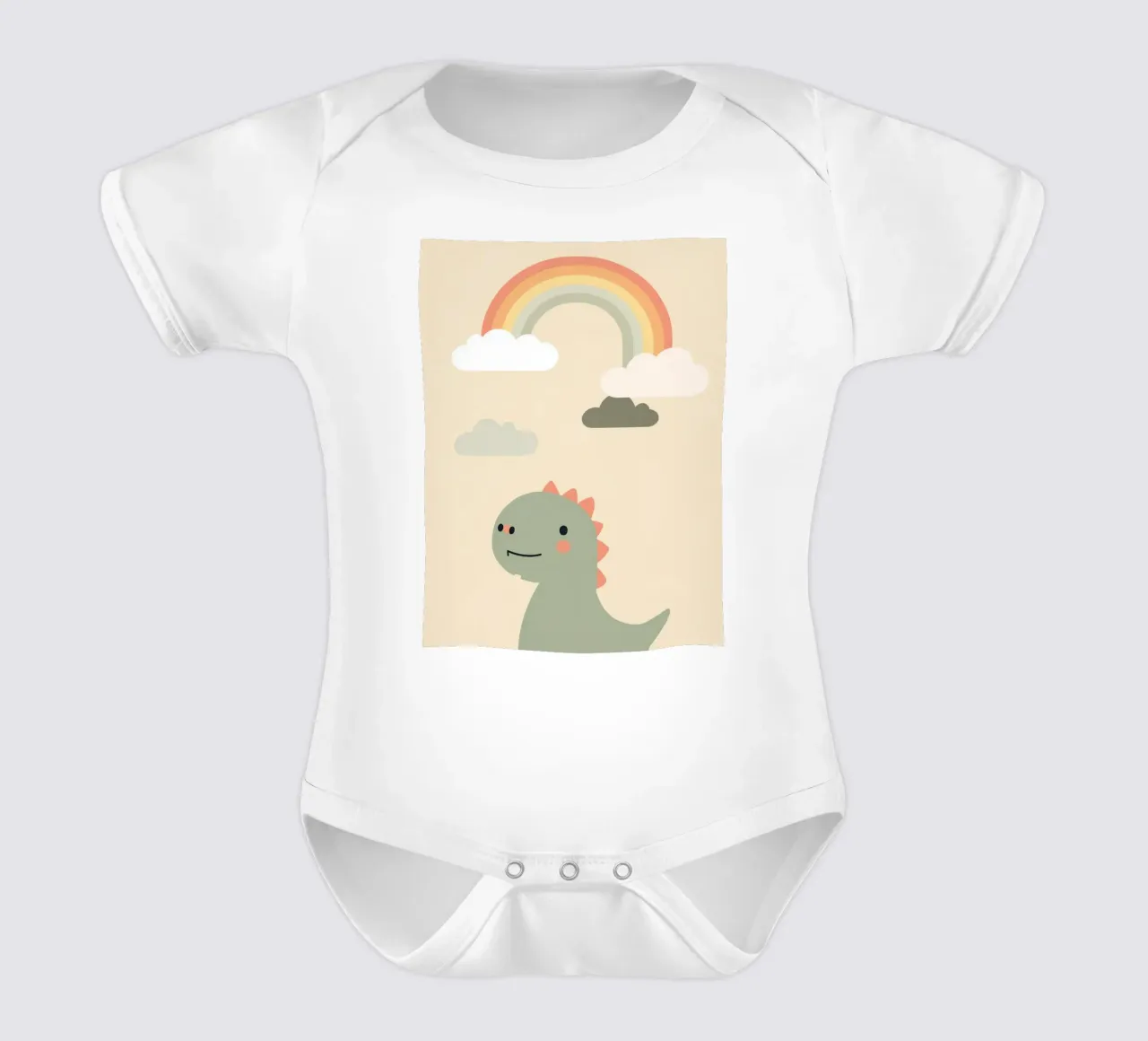 Illustrazione di un simpatico dinosauro e di un arcobaleno body neonato maniche corte da DesignDoodle