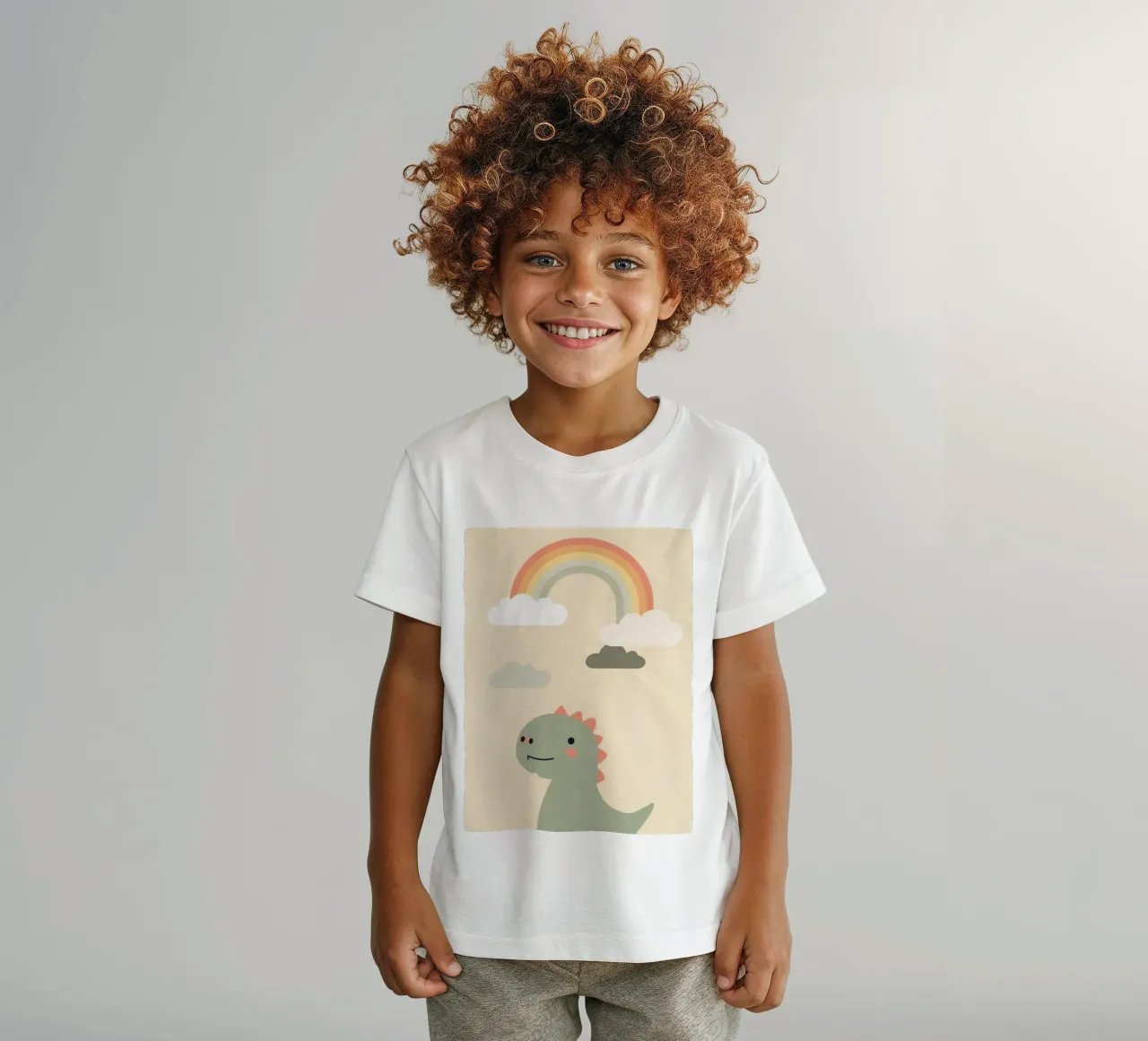 Illustrazione di un simpatico dinosauro e di un arcobaleno t-shirt bambini da DesignDoodle