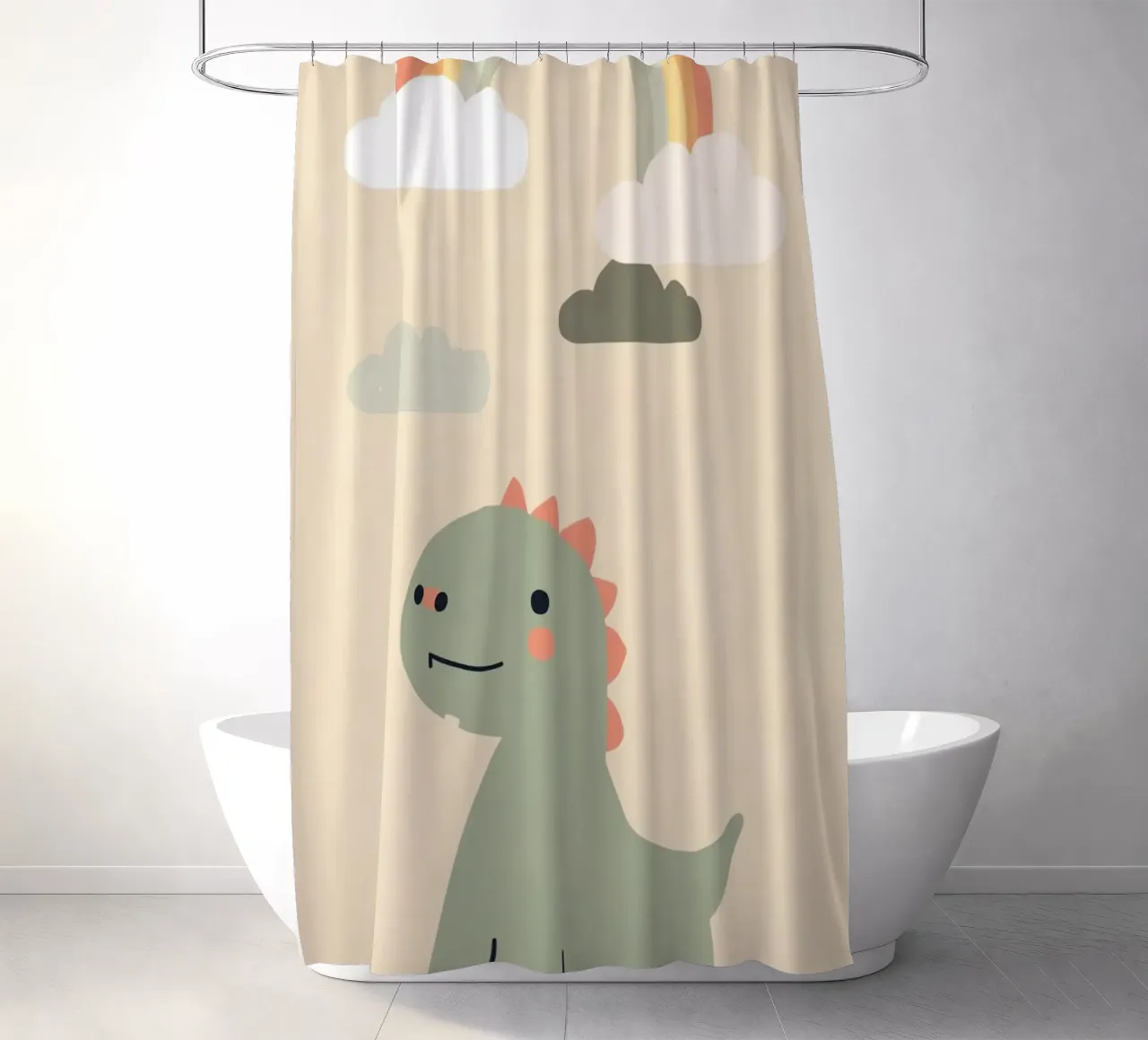 Illustrazione di un simpatico dinosauro e di un arcobaleno tenda da doccia da DesignDoodle