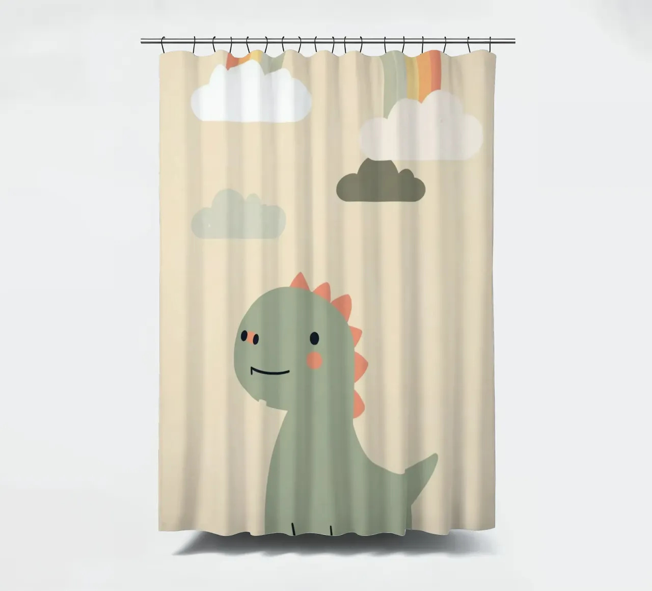 Illustrazione di un simpatico dinosauro e di un arcobaleno tenda da doccia da DesignDoodle