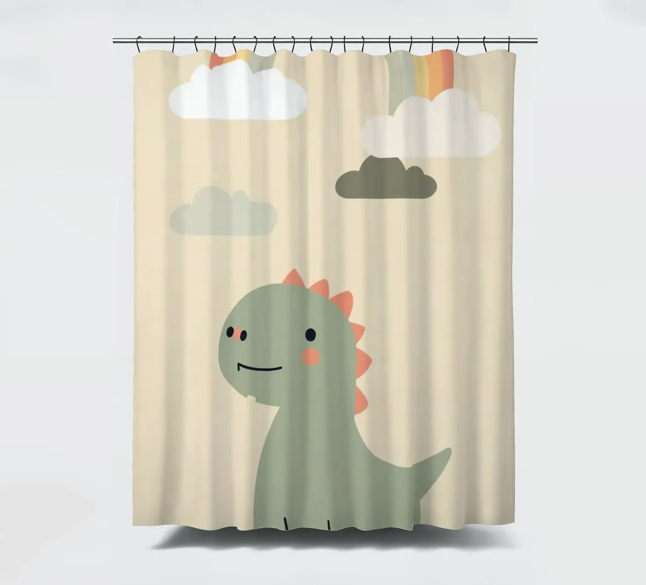 Illustrazione di un simpatico dinosauro e di un arcobaleno tenda da doccia da DesignDoodle