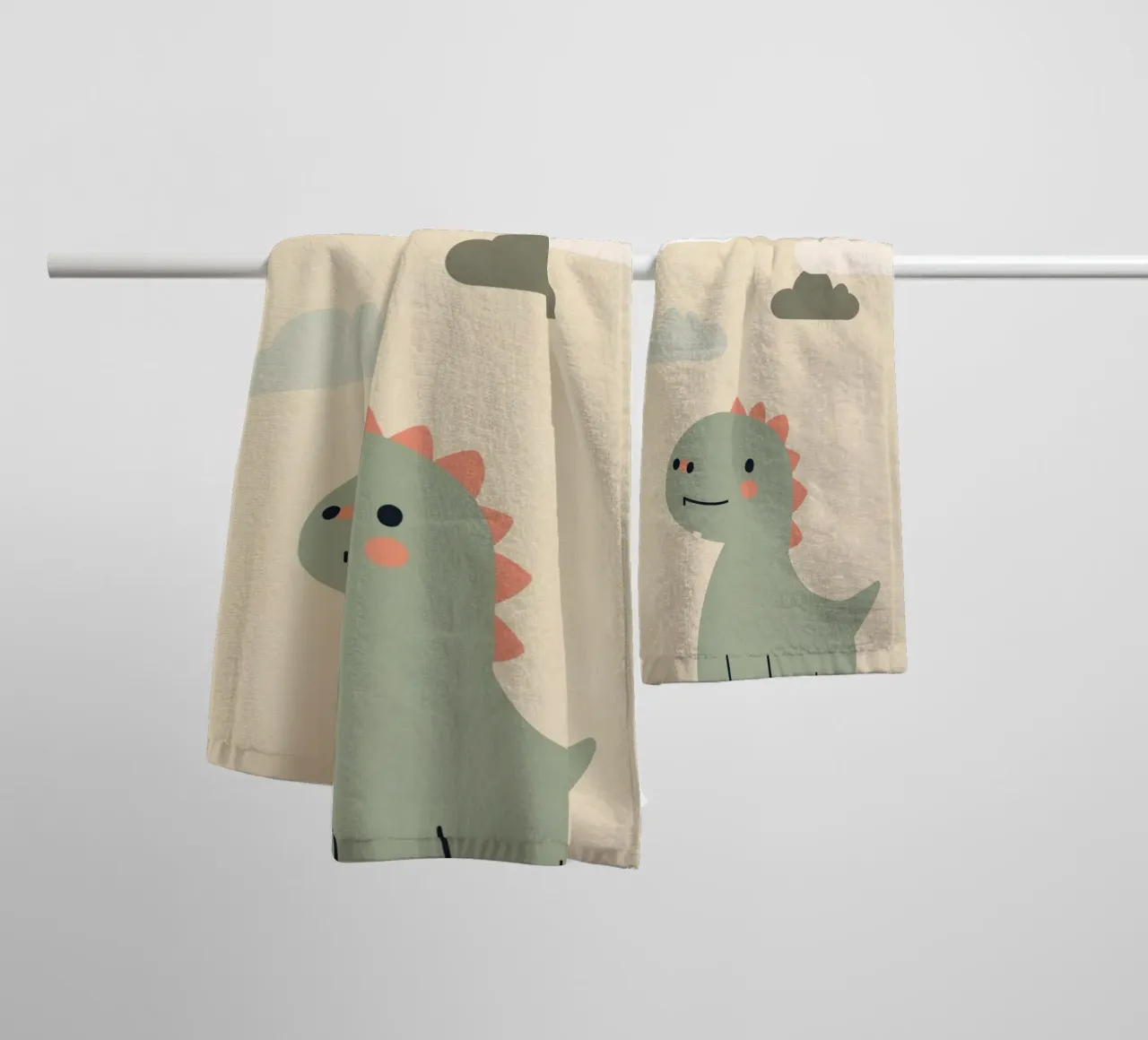 Illustrazione di un simpatico dinosauro e di un arcobaleno asciugamano da bagno da DesignDoodle