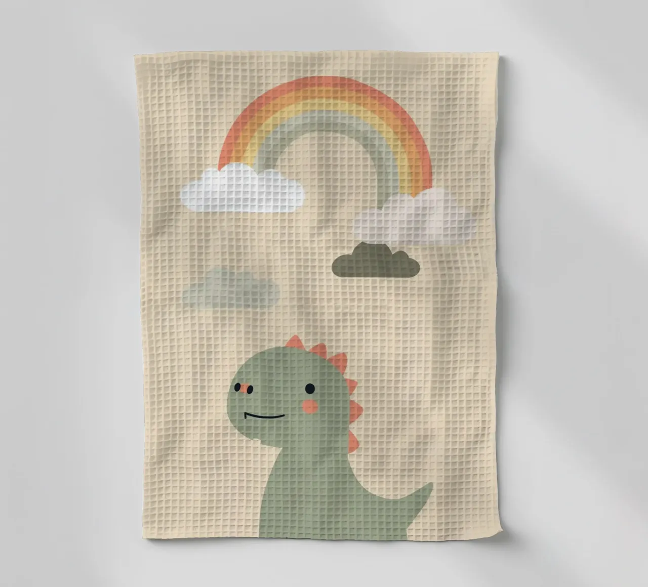 Illustration d'un mignon dinosaure et d'un arc-en-ciel torchon de DesignDoodle