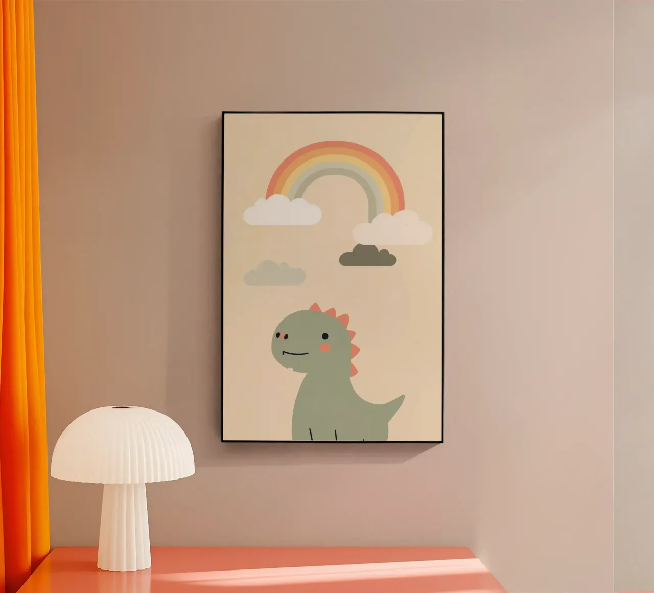 Simpática ilustración de dinosaurio y arco iris metacrilato de DesignDoodle
