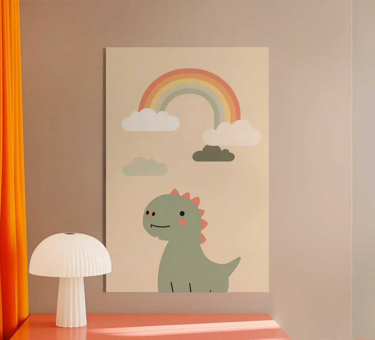Simpática ilustración de dinosaurio y arco iris metacrilato de DesignDoodle