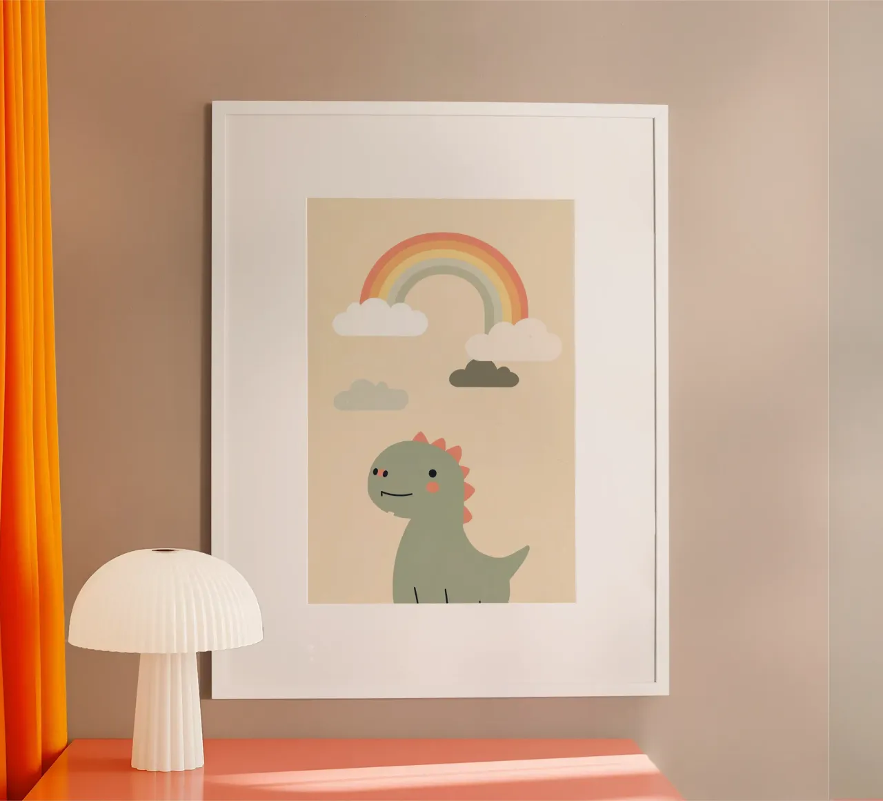 Illustrazione di un simpatico dinosauro e di un arcobaleno poster da DesignDoodle