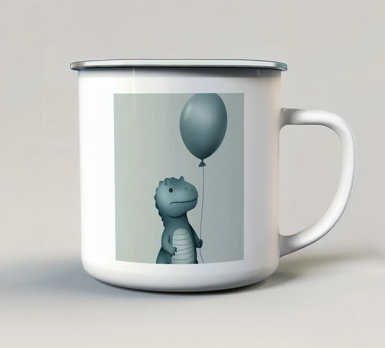 Dinosauro con in mano un palloncino tazza in smalto da DesignDoodle
